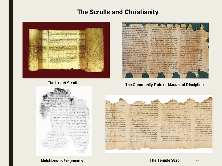 The Scrolls and Christianity The Isaiah Scroll Melchizedek Fragments The Community Rule or Manual