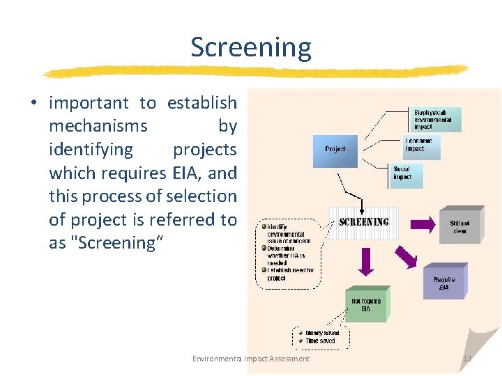 Screening • important to establish mechanisms by identifying projects which requires EIA, and this