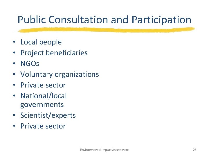 Public Consultation and Participation Local people Project beneficiaries NGOs Voluntary organizations Private sector National/local