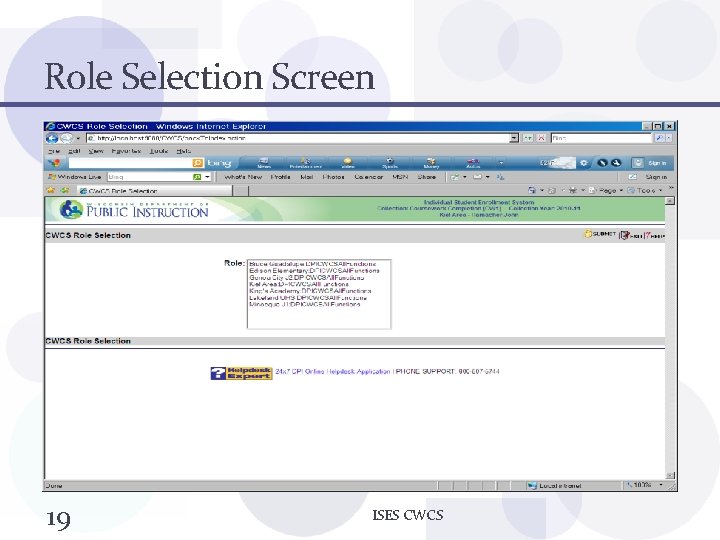 Role Selection Screen 19 ISES CWCS 