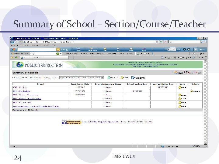 Summary of School – Section/Course/Teacher 24 ISES CWCS 