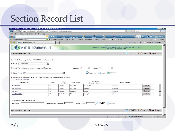 Section Record List 26 ISES CWCS 