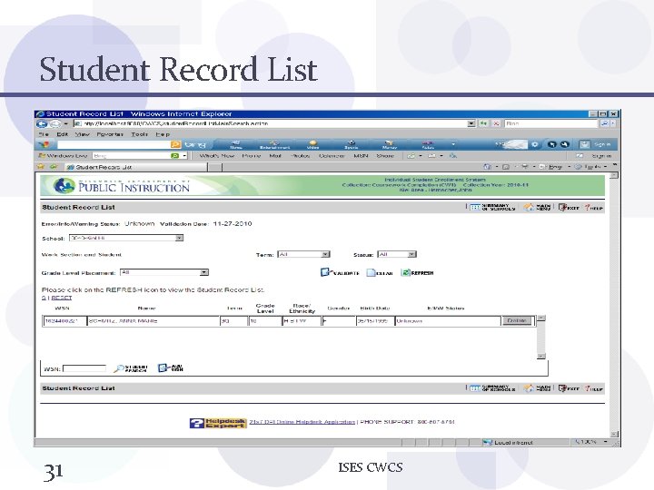 Student Record List 31 ISES CWCS 