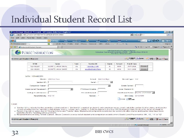 Individual Student Record List 32 ISES CWCS 