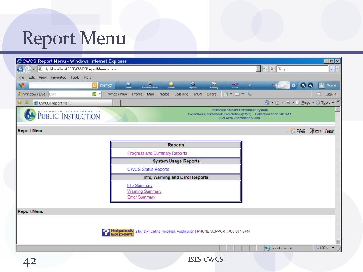 Report Menu 42 ISES CWCS 