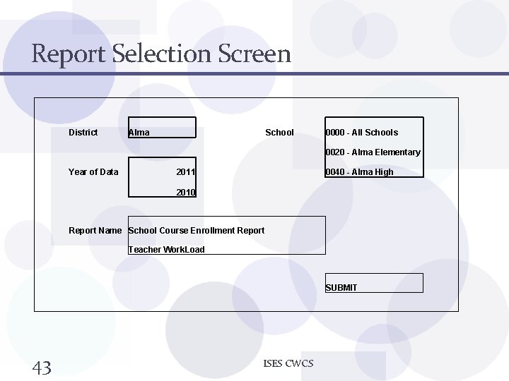 Report Selection Screen District Alma School 0000 - All Schools 0020 - Alma Elementary