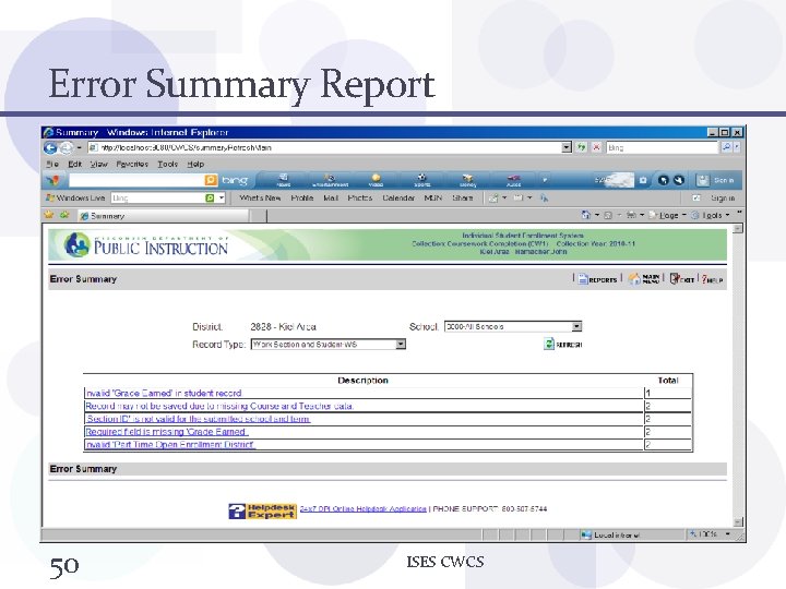 Error Summary Report 50 ISES CWCS 