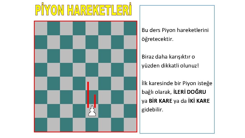 Bu ders Piyon hareketlerini öğretecektir. Biraz daha karışıktır o yüzden dikkatli olunuz! İlk karesinde