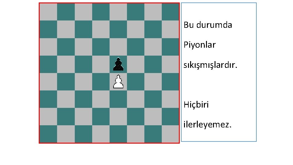 Bu durumda Piyonlar sıkışmışlardır. Hiçbiri ilerleyemez. 