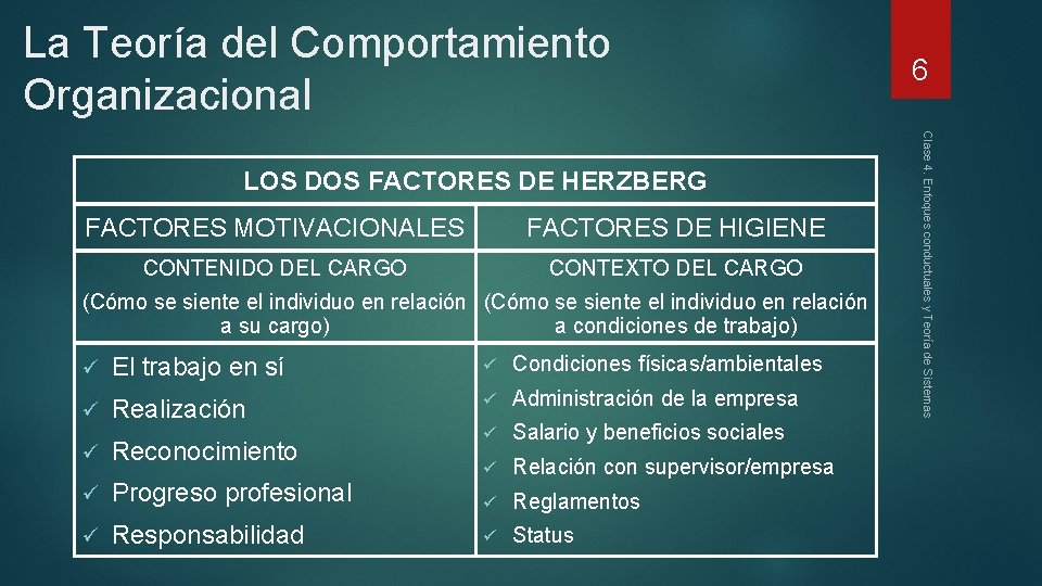 La Teoría del Comportamiento Organizacional FACTORES MOTIVACIONALES FACTORES DE HIGIENE CONTENIDO DEL CARGO CONTEXTO