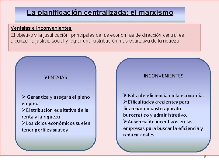 La planificación centralizada: el marxismo Ventajas e inconvenientes El objetivo y la justificación principales