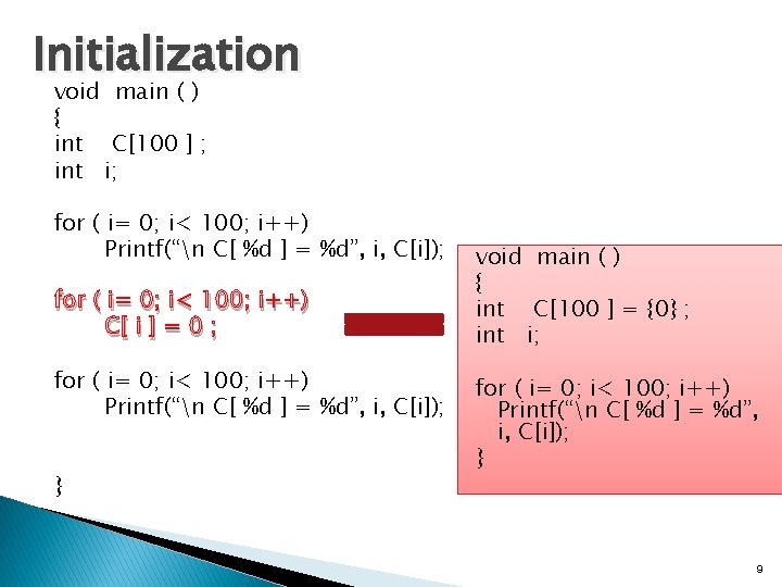 Initialization void main ( ) { int C[100 ] ; int i; for (