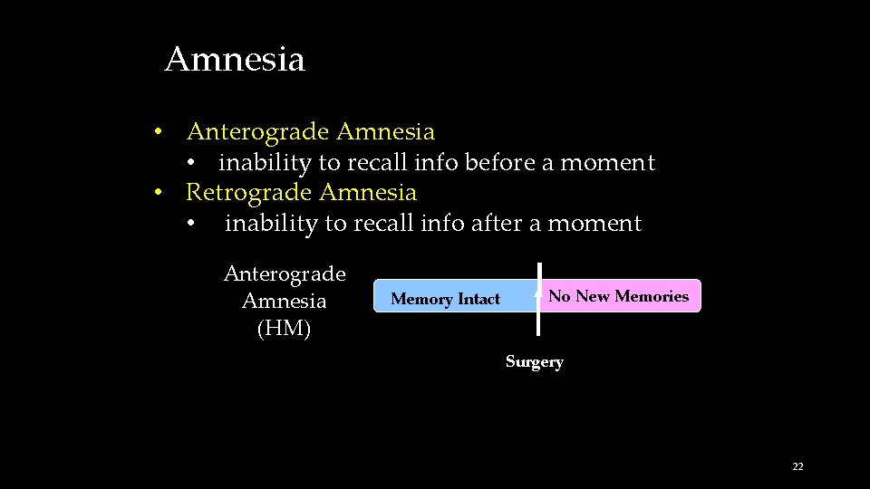 Amnesia • Anterograde Amnesia • inability to recall info before a moment • Retrograde