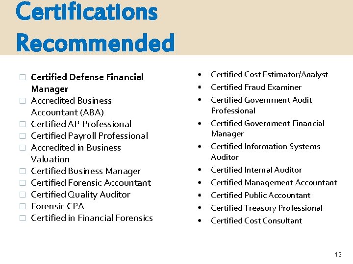 Certifications Recommended � � � � � Certified Defense Financial Manager Accredited Business Accountant