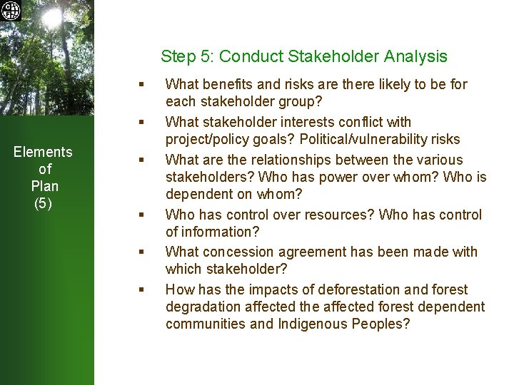 Step 5: Conduct Stakeholder Analysis § § Elements of Plan (5) § § What