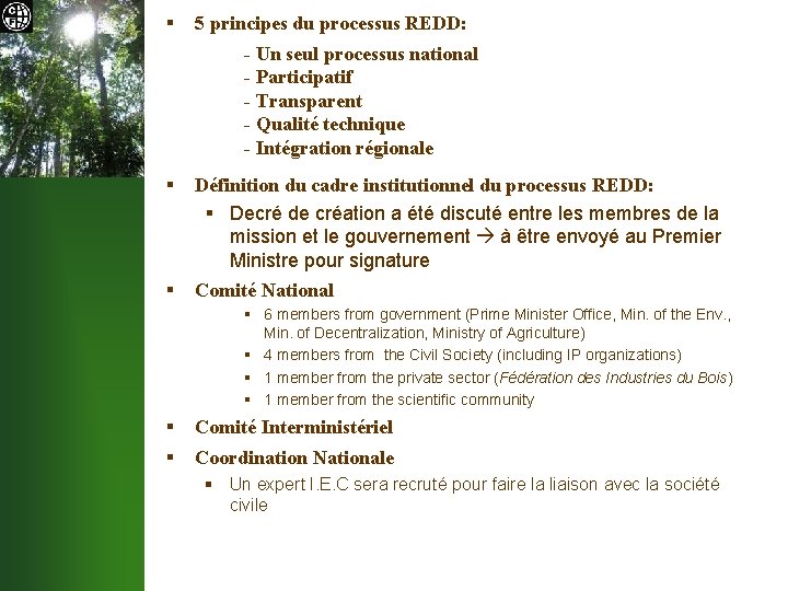 § 5 principes du processus REDD: - Un seul processus national NJP Formulation -