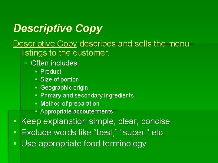 Menu Descriptive Copy Chapter Three Developing the Sales Menu Objectives Upon