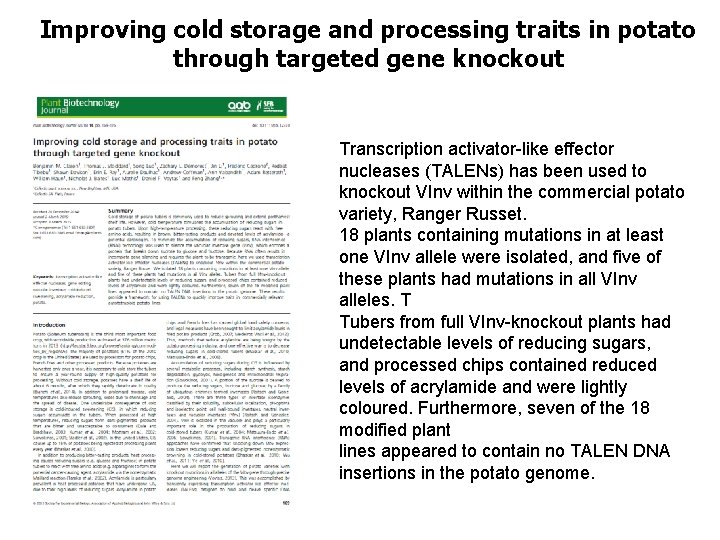 Improving cold storage and processing traits in potato through targeted gene knockout Transcription activator-like