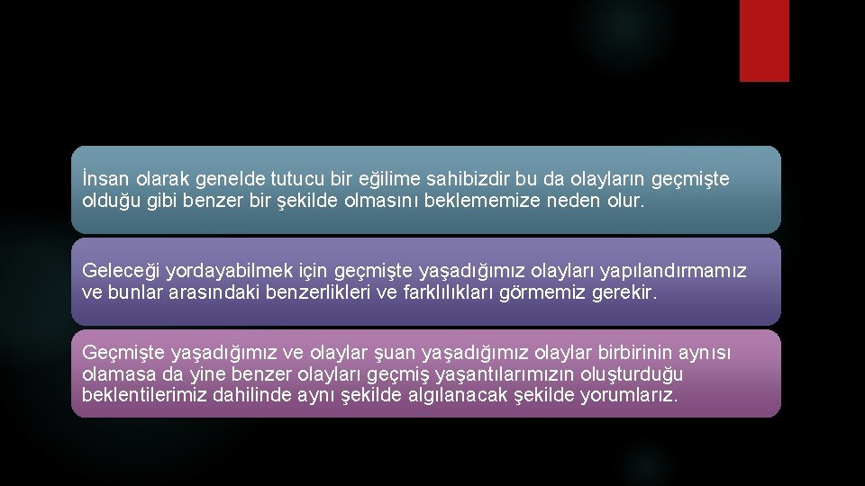 İnsan olarak genelde tutucu bir eğilime sahibizdir bu da olayların geçmişte olduğu gibi benzer