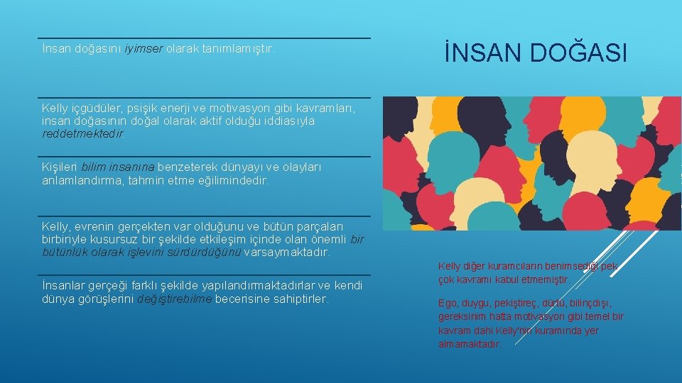 İnsan doğasını iyimser olarak tanımlamıştır. İNSAN DOĞASI Kelly içgüdüler, psişik enerji ve motivasyon gibi