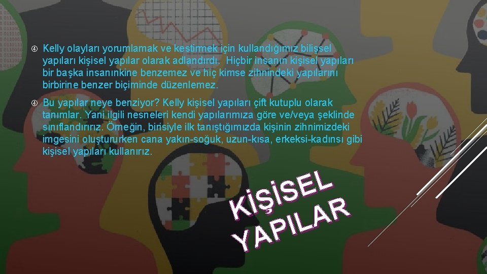  Kelly olayları yorumlamak ve kestirmek için kullandığımız bilişsel yapıları kişisel yapılar olarak adlandırdı.