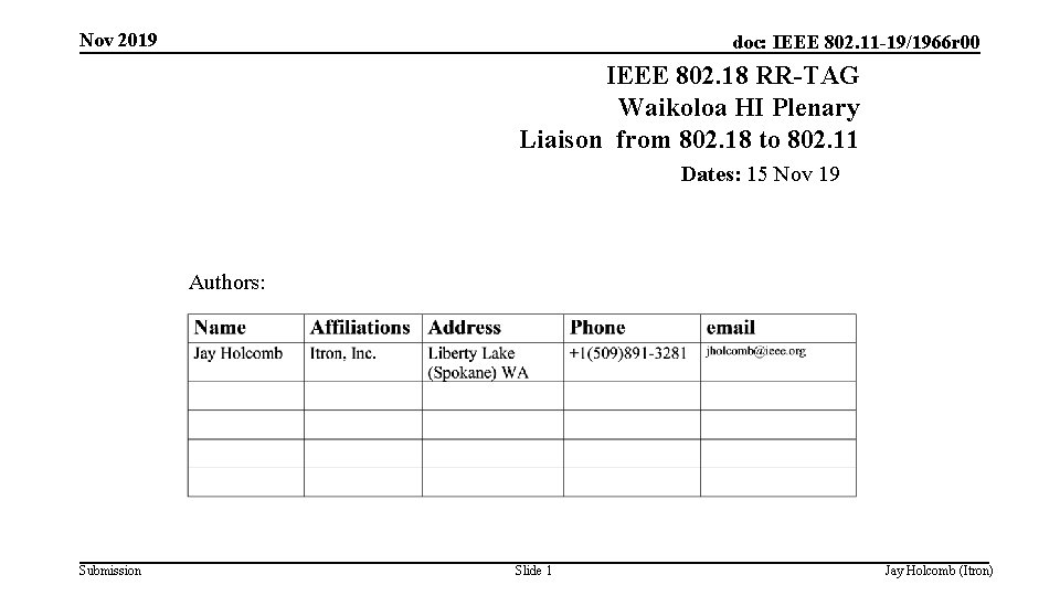 Nov 2019 doc: IEEE 802. 11 -19/1966 r 00 IEEE 802. 18 RR-TAG Waikoloa