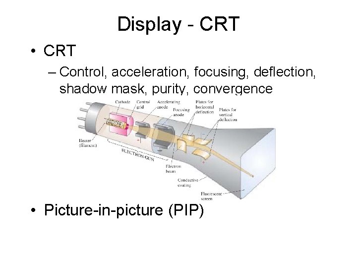 Display - CRT • CRT – Control, acceleration, focusing, deflection, shadow mask, purity, convergence