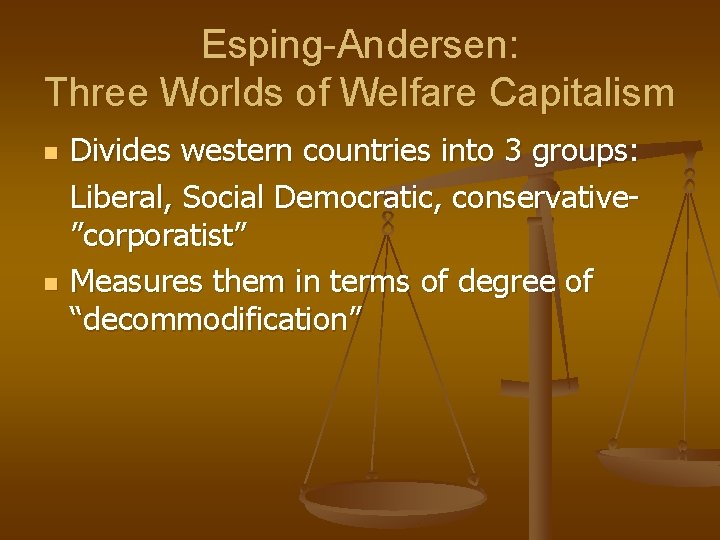 Esping-Andersen: Three Worlds of Welfare Capitalism n n Divides western countries into 3 groups: