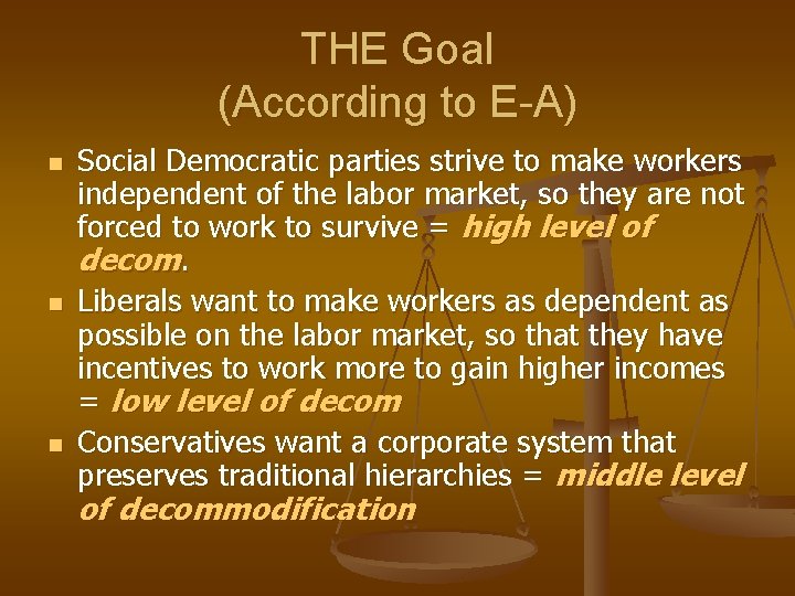 THE Goal (According to E-A) n n n Social Democratic parties strive to make