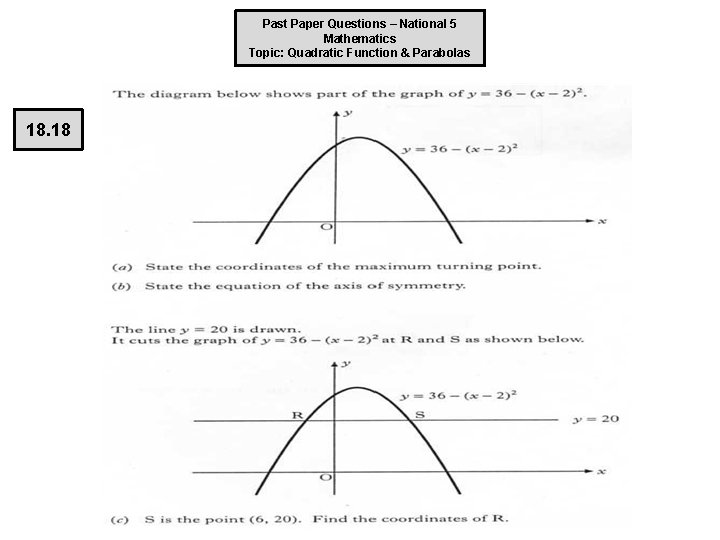 Past Paper Questions – National 5 Mathematics Topic: Quadratic Function & Parabolas 18. 18