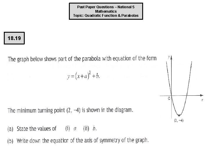 Past Paper Questions – National 5 Mathematics Topic: Quadratic Function & Parabolas 18. 19