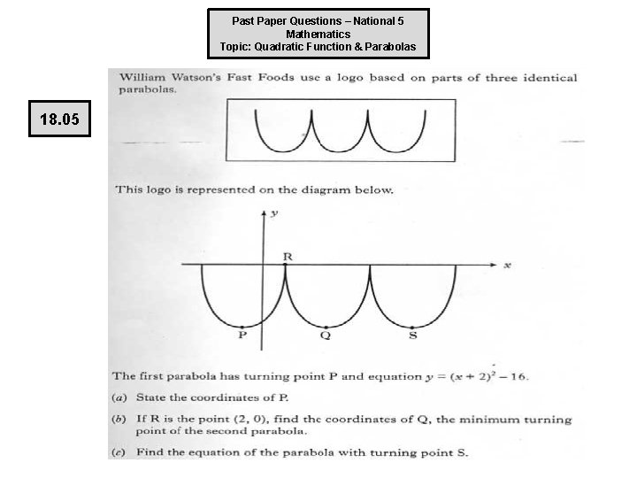 Past Paper Questions – National 5 Mathematics Topic: Quadratic Function & Parabolas 18. 05