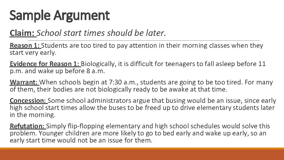 Sample Argument Claim: School start times should be later. Reason 1: Students are too