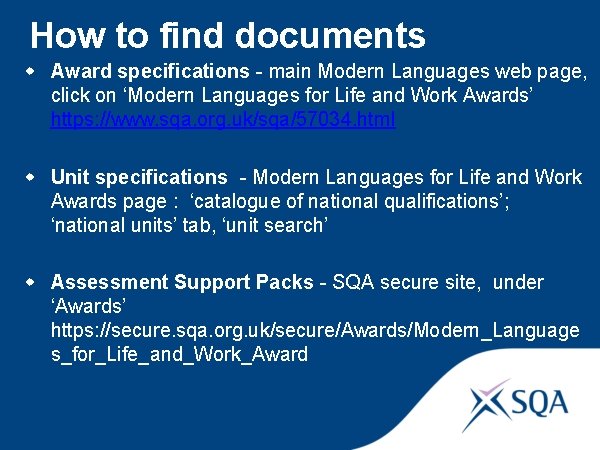 How to find documents w Award specifications - main Modern Languages web page, click