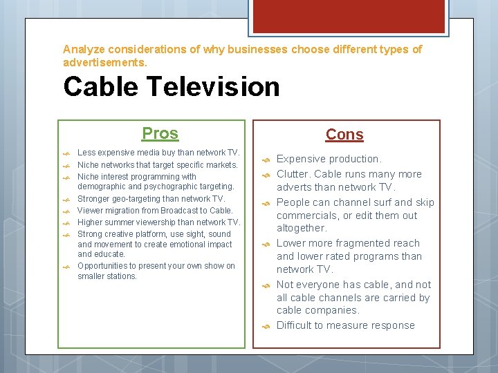 Analyze considerations of why businesses choose different types of advertisements. Cable Television Pros Less