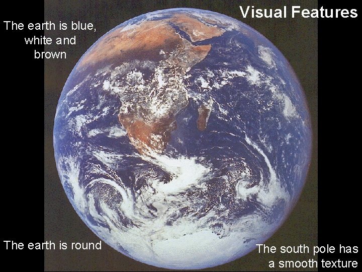 The earth is blue, white and brown The earth is round Visual Features The The earth is blue, white and brown The earth is round Visual Features The