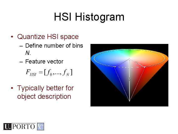 HSI Histogram • Quantize HSI space – Define number of bins N. – Feature HSI Histogram • Quantize HSI space – Define number of bins N. – Feature