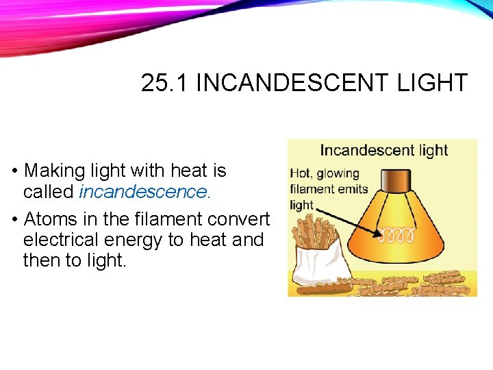 25. 1 INCANDESCENT LIGHT • Making light with heat is called incandescence. • Atoms