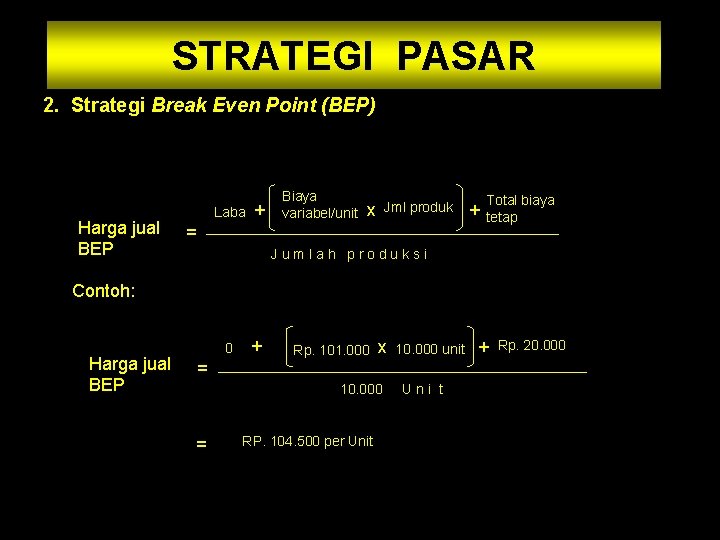 STRATEGI PASAR 2. Strategi Break Even Point (BEP) Harga jual BEP Laba + Biaya