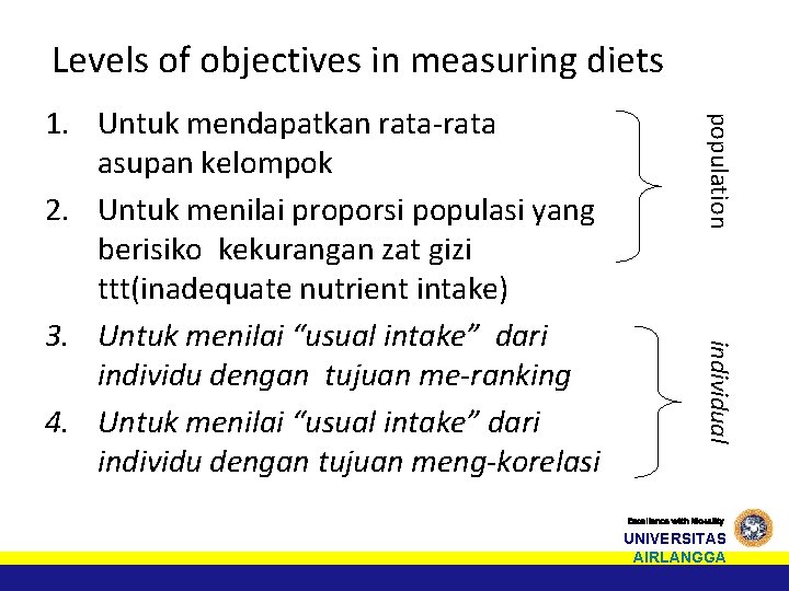 Levels of objectives in measuring diets population individual 1. Untuk mendapatkan rata-rata asupan kelompok