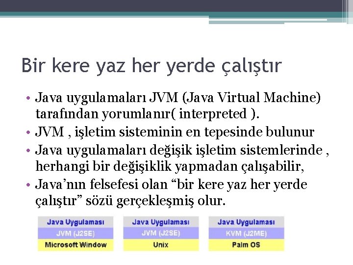 Bir kere yaz her yerde çalıştır • Java uygulamaları JVM (Java Virtual Machine) tarafından