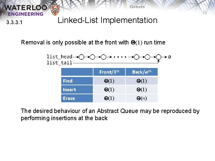 Queues 10 3. 3. 3. 1 Linked-List Implementation Removal is only possible at the