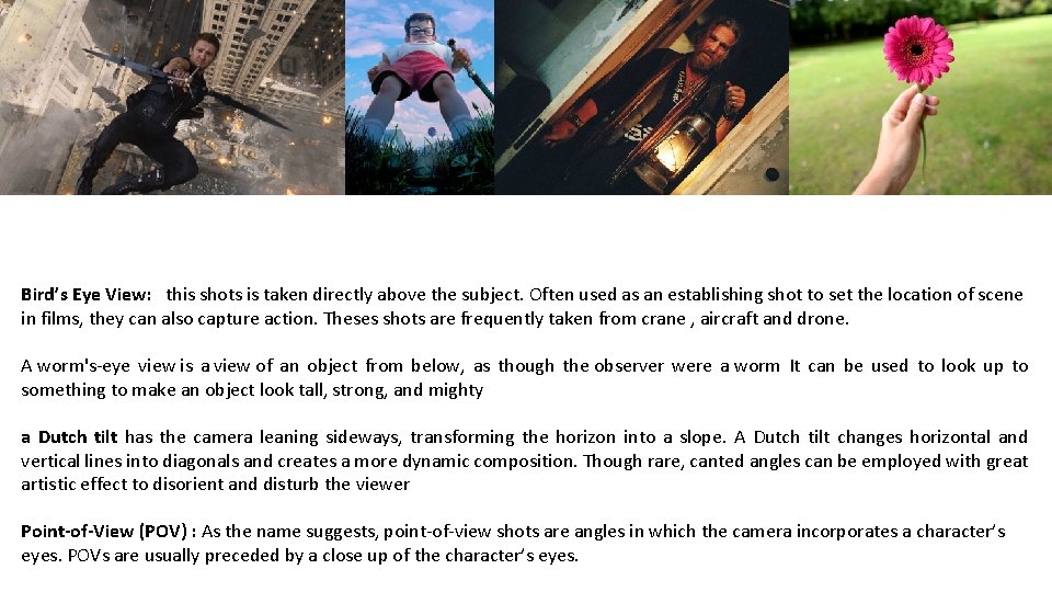 Bird’s Eye View: this shots is taken directly above the subject. Often used as