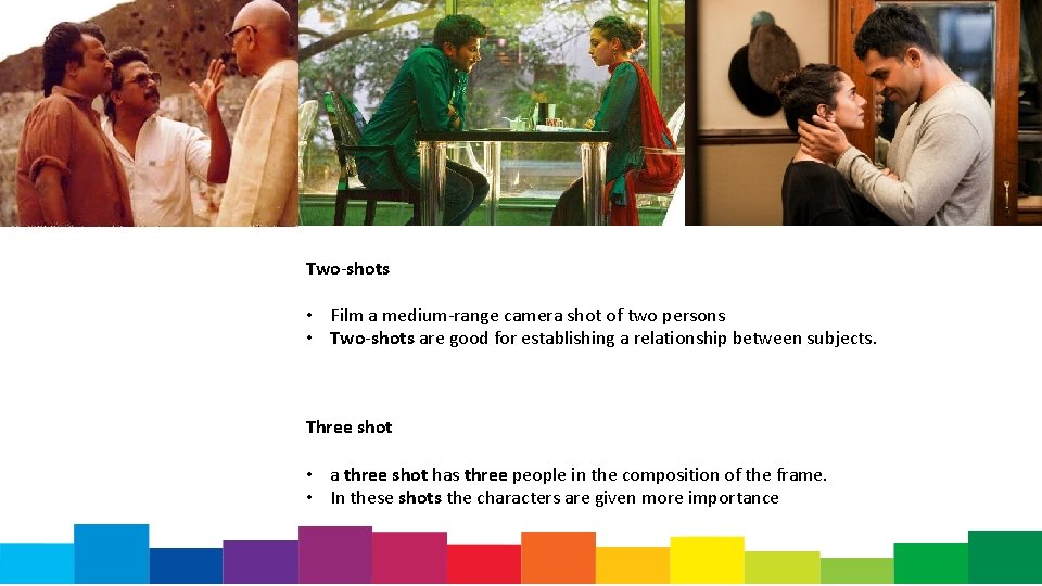 Two-shots • Film a medium-range camera shot of two persons • Two-shots are good