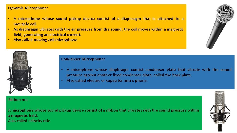 Dynamic Microphone: • A microphone whose sound pickup device consist of a diaphragm that