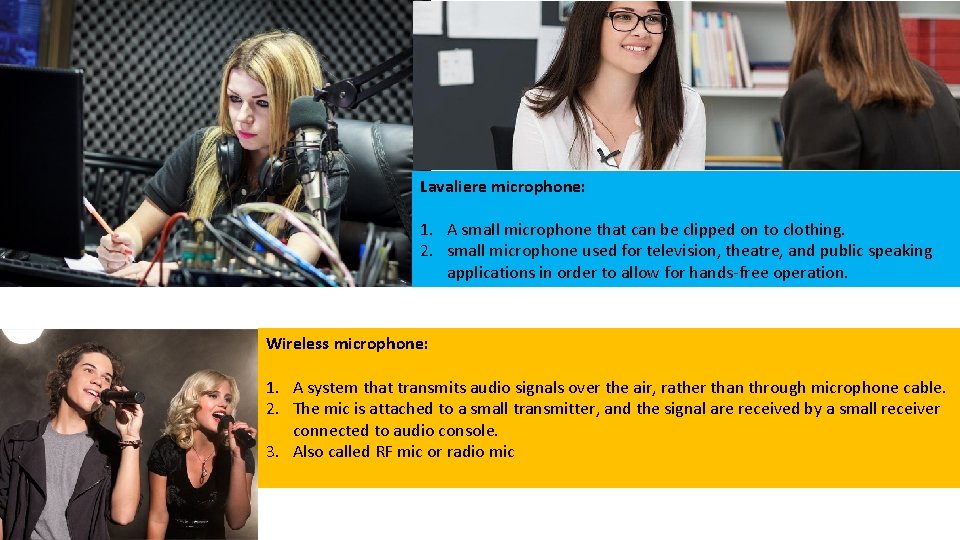 Lavaliere microphone: 1. A small microphone that can be clipped on to clothing. 2.