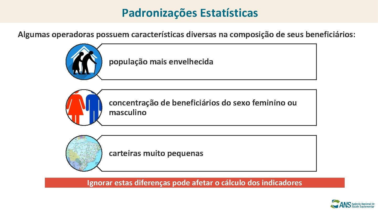 Padronizações Estatísticas Algumas operadoras possuem características diversas na composição de seus beneficiários: população mais