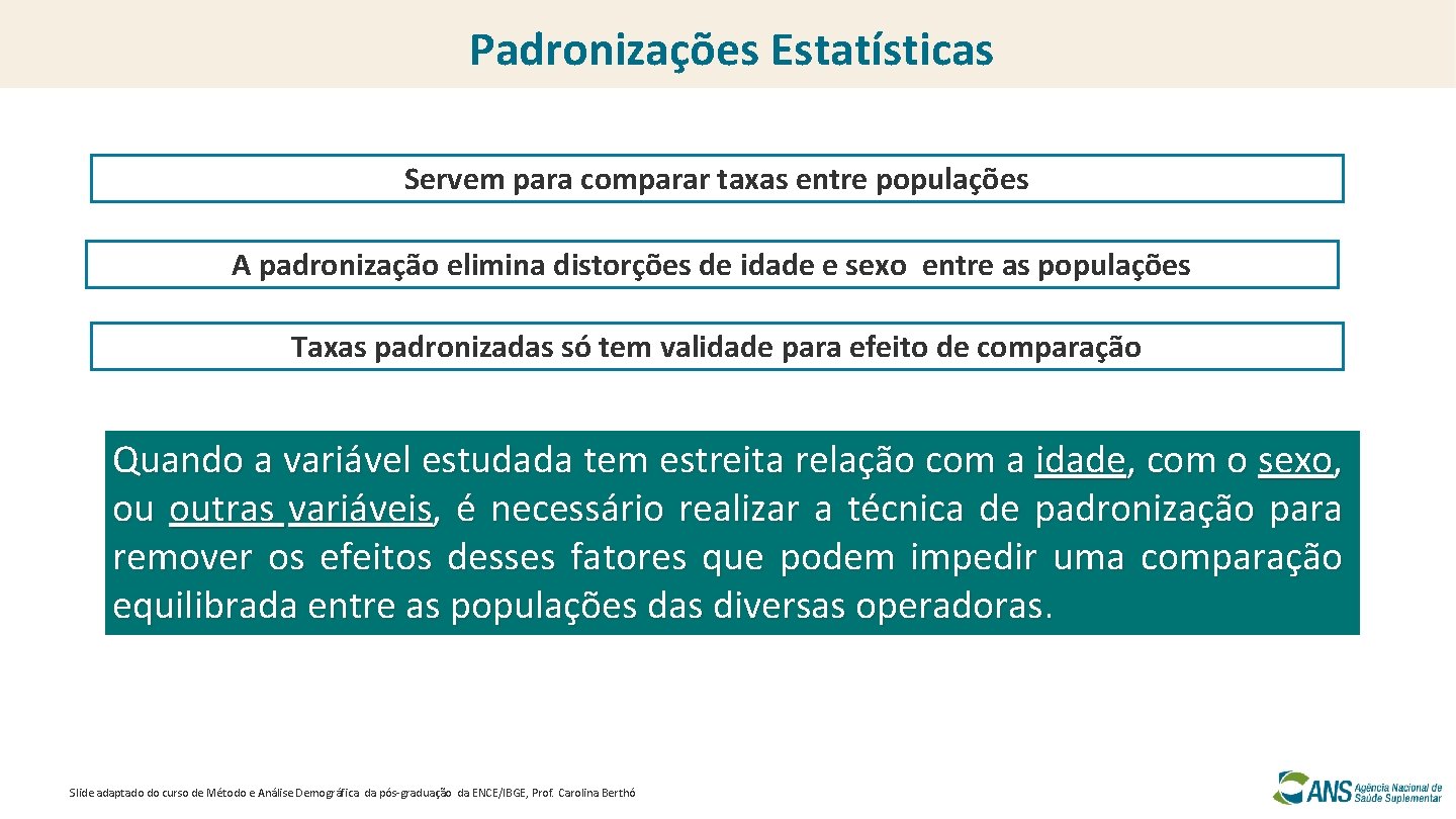 Padronizações Estatísticas Servem para comparar taxas entre populações A padronização elimina distorções de idade