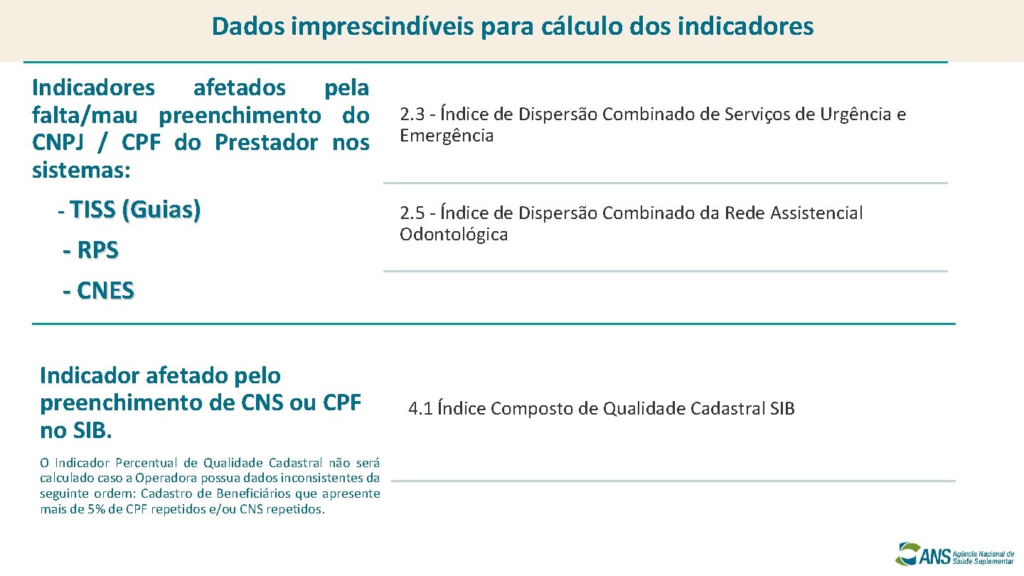 Dados imprescindíveis para cálculo dos indicadores Indicadores afetados pela falta/mau preenchimento do CNPJ /