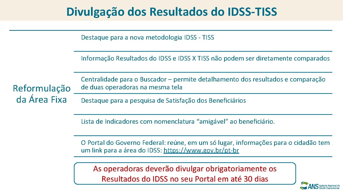 Divulgação dos Resultados do IDSS-TISS Destaque para a nova metodologia IDSS - TISS Informação